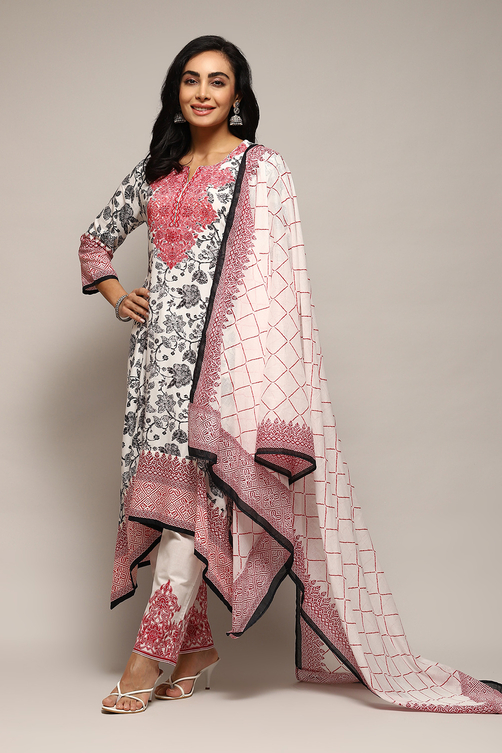 White & Black Cotton Straight Printed Kurta and Palazzo Suit Set